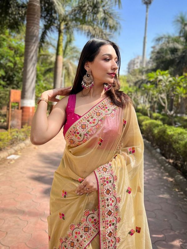 Yellow Multy Thread & Jari Embroidery Work Silver Tissue Silk Saree