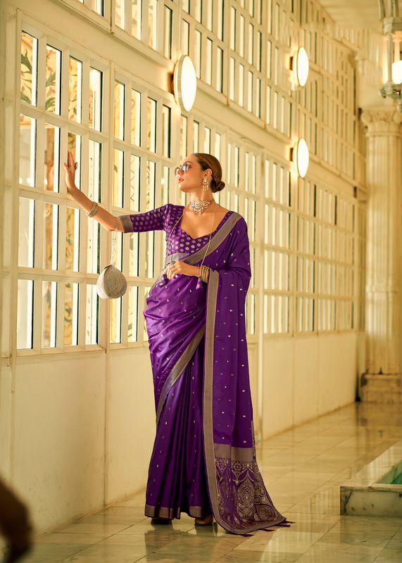 Purple Weaving Jari Designer Satin Silk Saree