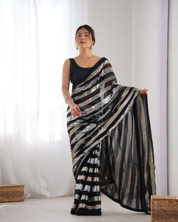 Black Sequance Embroidery Work Border Georgette Saree