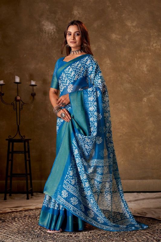 Blue Cotton Printed Saree and Stitched Blue Blouse
