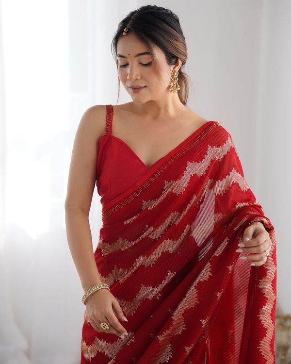Red Sequance Embroidery Work Border Georgette Saree