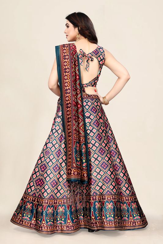 Digital Print Satin Silk Fabric Stitched Lehenga Choli With Jequared Blouse and Assami Silk Thread Work Dupatta For Women and Girls In Festive Party And Traditional Wear