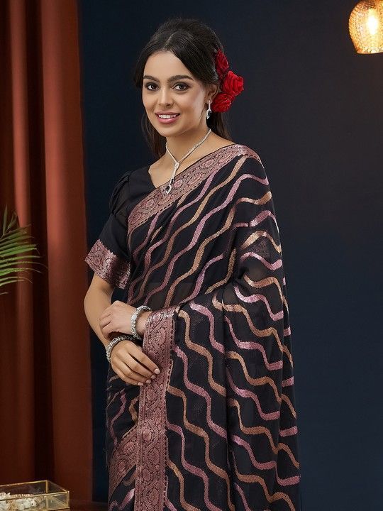 Black Georgette Leheriya Saree With Tassels on Pallu and Stitched Black Blouse