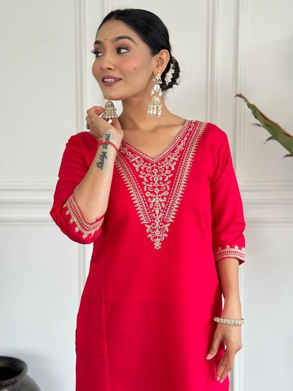 Women Embroidered Straight Kurta with Pant And Printed Dupatta Sets