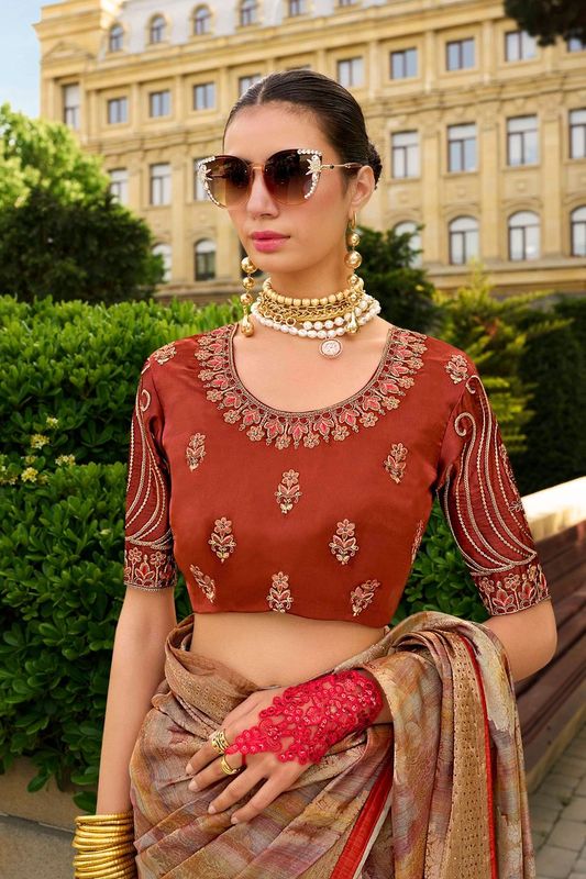 Rust Orange Wevon Designer & Embroidery Work Jacquard Silk Saree
