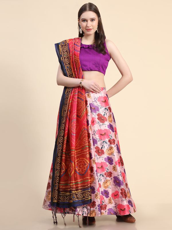 Digital Print Satin Silk Fabric Stitched Lehenga Choli With Jequared Blouse and Assami Silk Thread Work Dupatta For Women and Girls In Festive Party And Traditional Wear