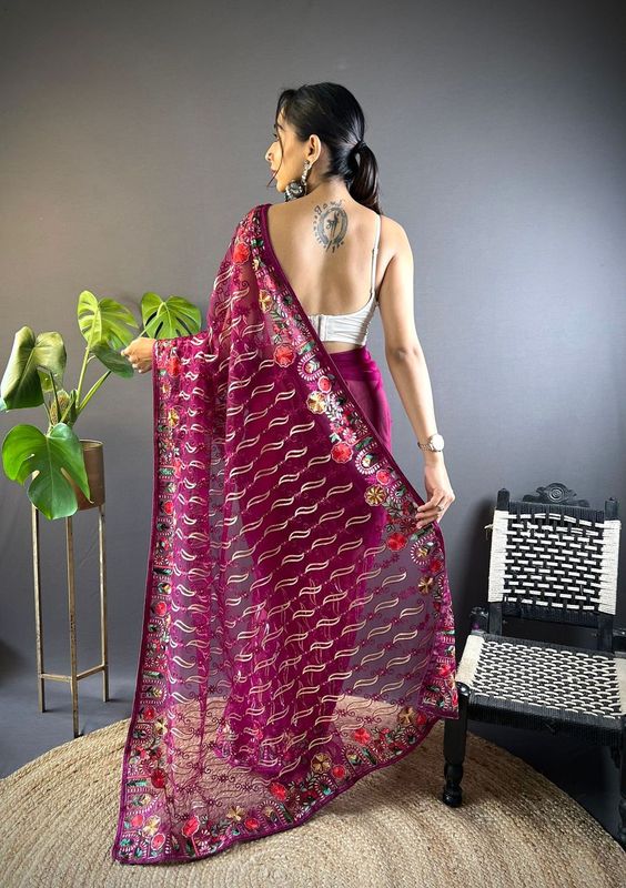 Magenta Multy Thread Embroidery Work Butterfly Net Saree