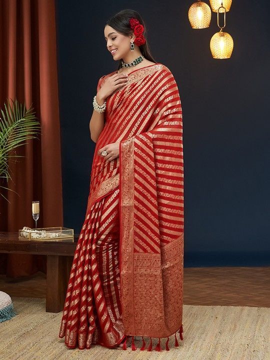 Red Georgette Leheriya Saree With Tassels on Pallu and Stitched Red Blouse