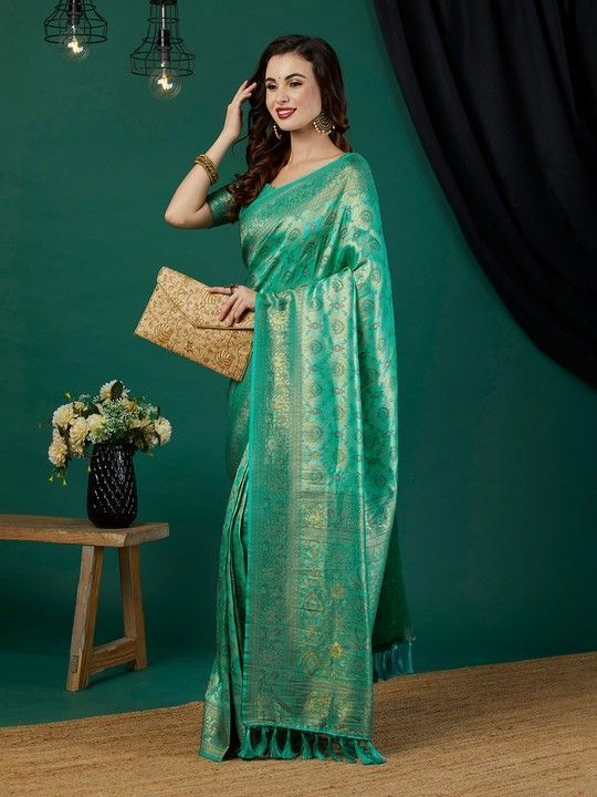 Aqua Kanjeevaram Woven Saree With Tassels on Pallu and Stitched Aqua Blouse