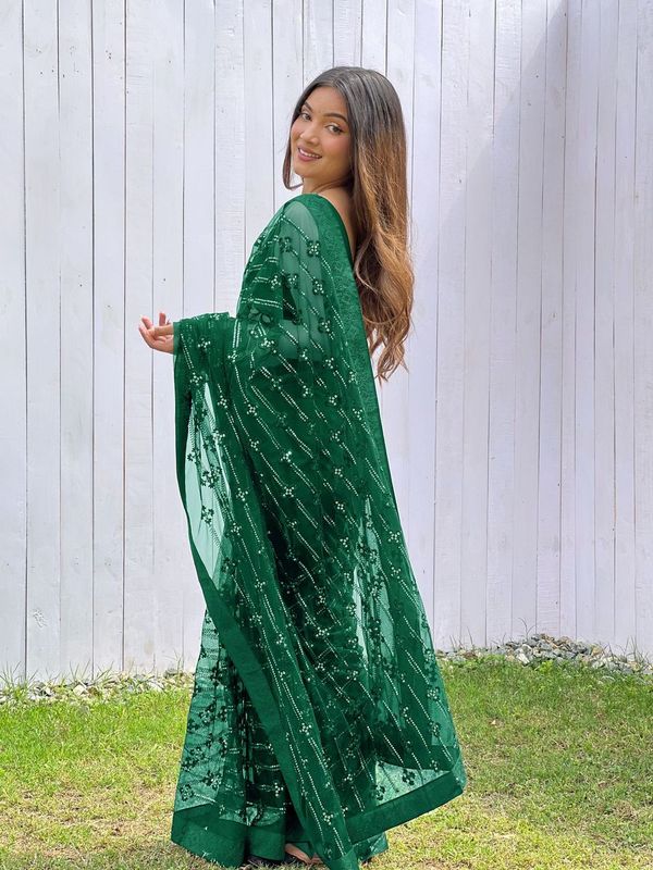 Green Thread & Sequance Embroidery & Diamond Work Butterfly Net Saree