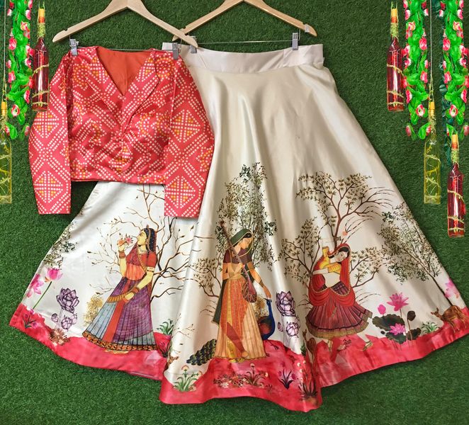 Digital Print Satin Silk Fabric Stitched Lehenga Choli With Jequared Blouse and Assami Silk Thread Work Dupatta For Women and Girls In Festive Party And Traditional Wear