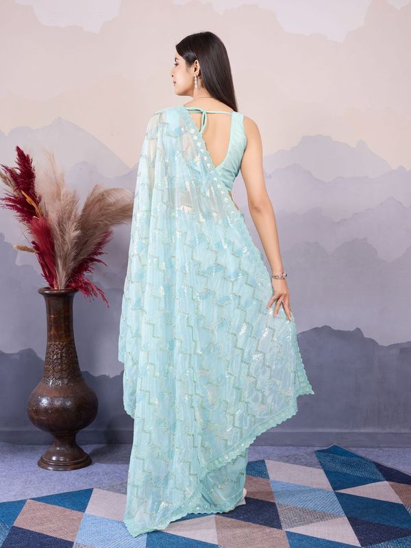 Sea Green Designer Sequance Embroidery Work Twill Net Saree