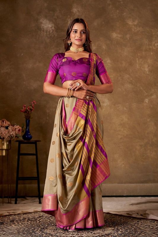 Beige Cotton Striped Saree and Stitched Purple Blouse