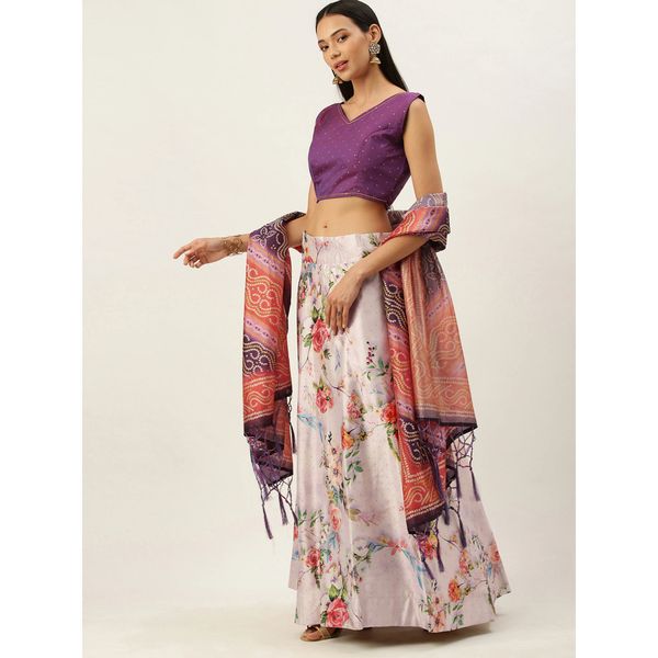 Digital Print Satin Silk Fabric Stitched Lehenga Choli With Jequared Blouse and Assami Silk Thread Work Dupatta For Women and Girls In Festive Party And Traditional Wear