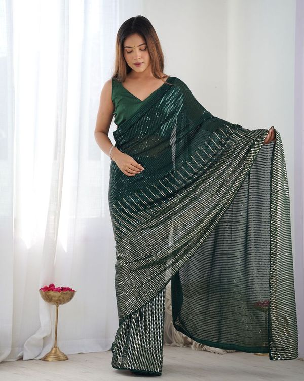 Green Designer Sequance Embroidery Work Georgette Saree