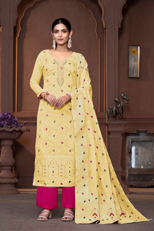 Yellow Muslin Wevon Designer With Hand Work Ethnic Designer Salwar Kameez