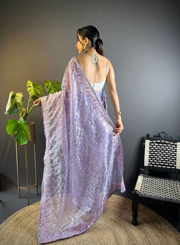 Purple Thread & Sequance Embroidery Work Twill Net Saree