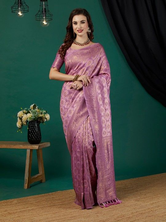 Lavender Kanjeevaram Woven Saree With Tassels on Pallu and Stitched Lavender Blouse