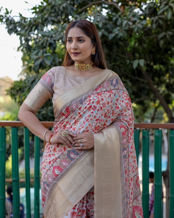 Beige Pashmina Wevon Designer Heavy Looks Saree With Digital Printed