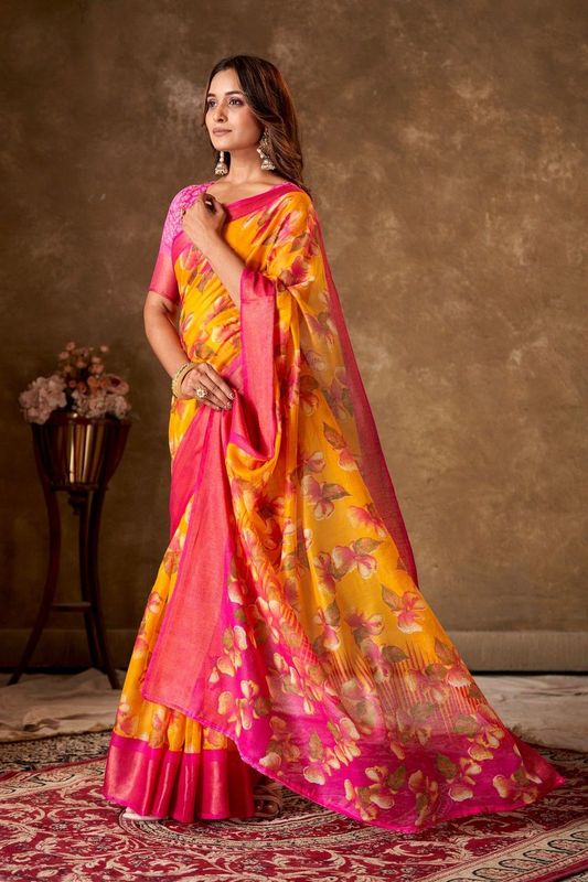 Mustard Cotton Printed Saree and Stitched Pink Blouse