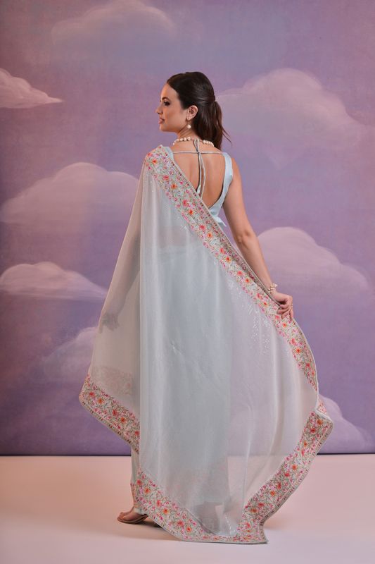 Sky Blue Designer Sequance Embroidery Work Georgette Saree
