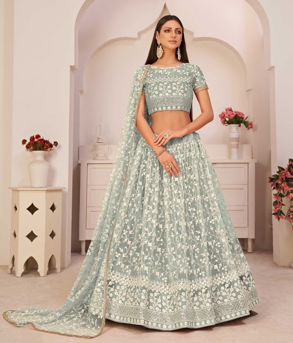Green Embroidered Net Stitched Lehenga