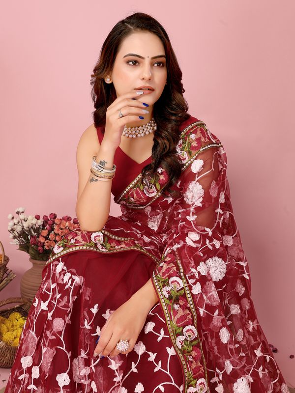 Maroon Multy Thread Embroidery Work Soft Net Saree