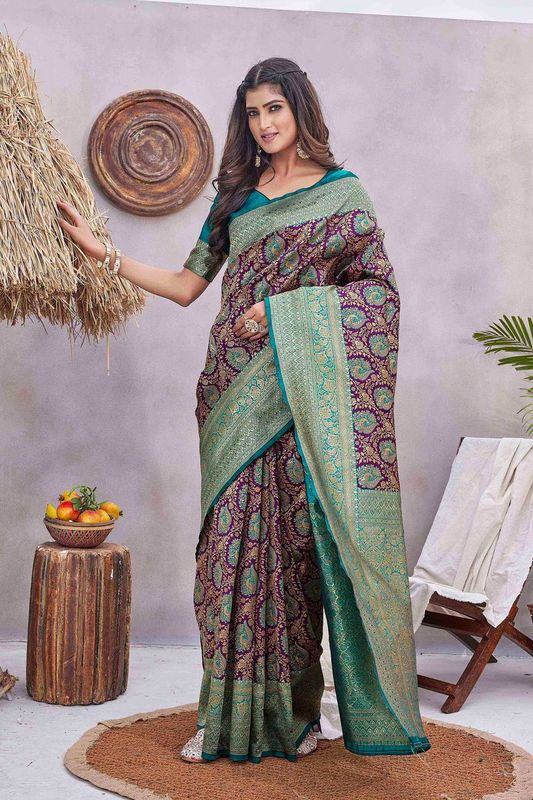 Purple Wevon Jacquard Designer Silk Blend Saree