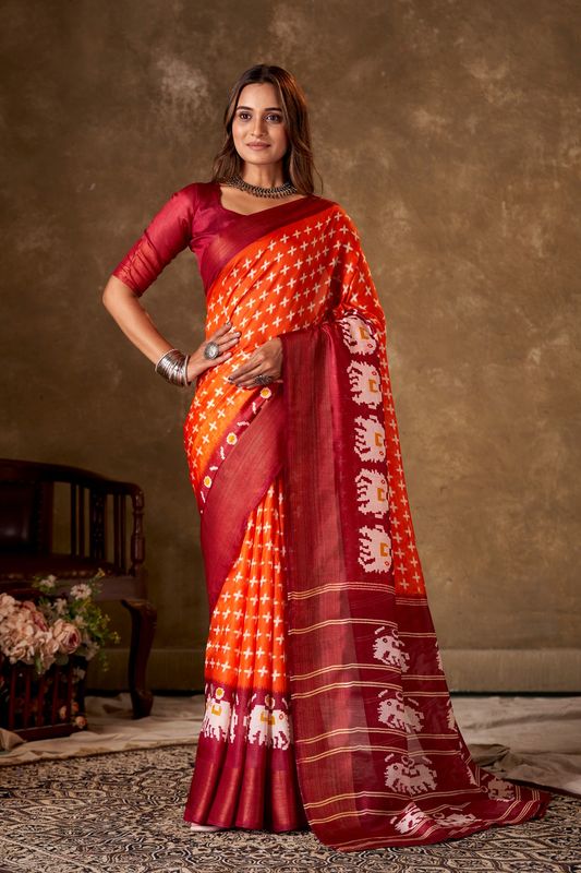 Orange Cotton Printed Saree and Stitched Maroon Blouse