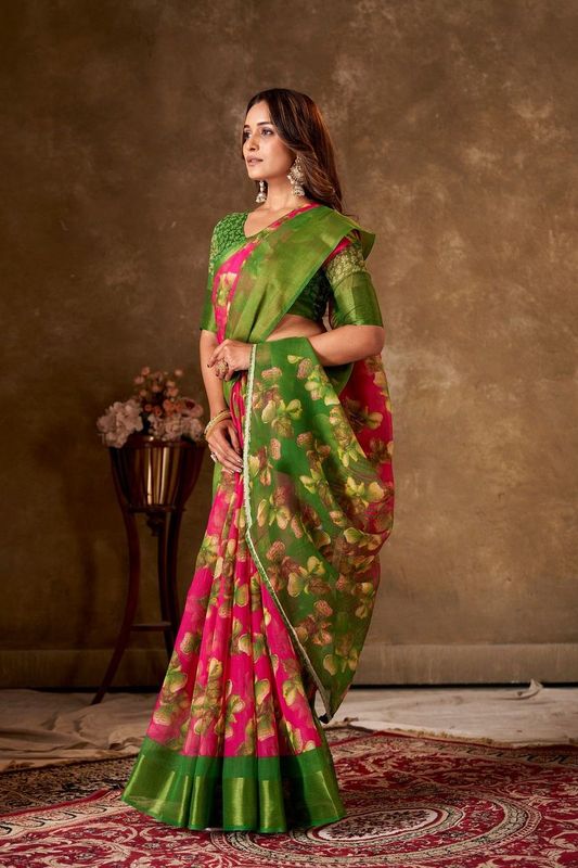Pink Cotton Printed Saree and Stitched Green Blouse