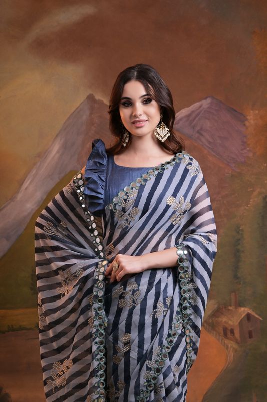 Black Laheriya Printed & Foil & Mirror Work Georgette Saree