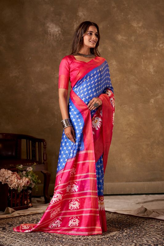 Blue Cotton Printed Saree and Stitched Pink Blouse