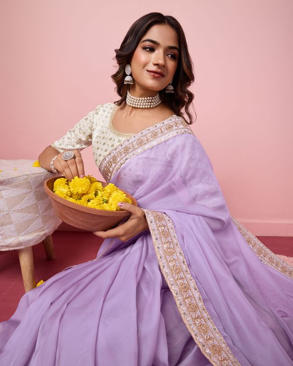 Girlie Purple Color Organza Saree With Ethnic Embroidery Work On Border And Blouse