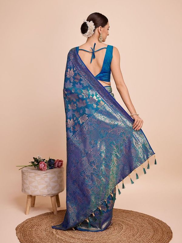 Firozi Weaving Copper Jari Designer Handloom Silk Saree