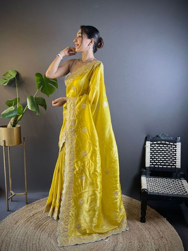 Yellow Sequance & Thread Embroidery & Cut Work Gold Crunchy Saree
