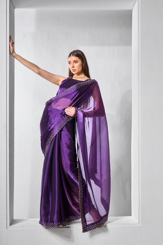 Purple Swarovski Designer Work Burburry Saree