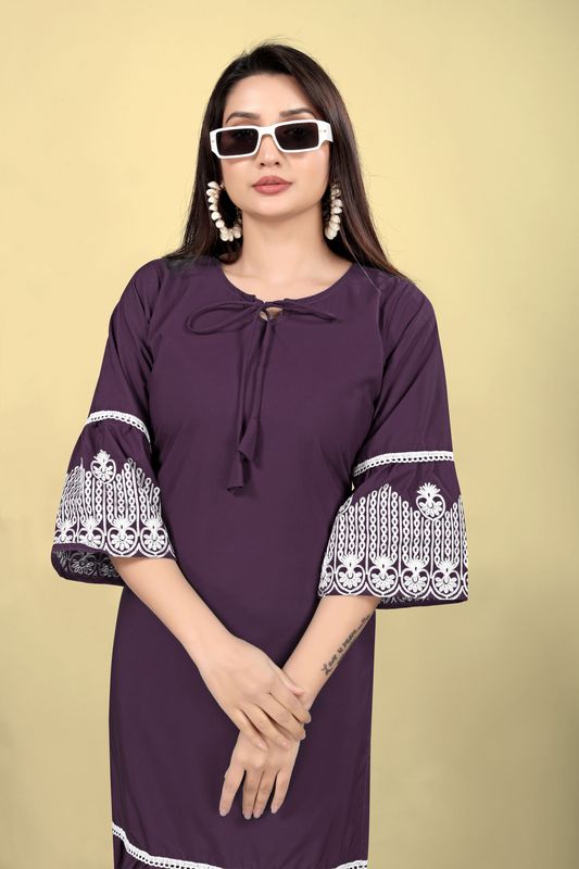 Purple Cotton Fabric Thread Embroidery Work Kurti For Formal Looks