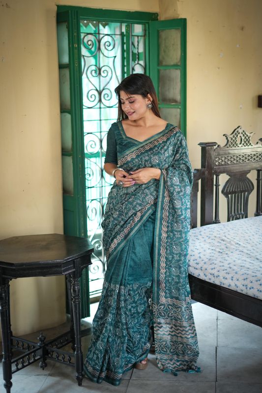 Green Batik Printed & Embroidery Work Tussar Silk Saree