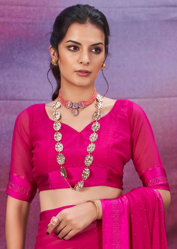 Burnt Pink Wevon Patta Designer With Swarovski Work Chiffon Saree