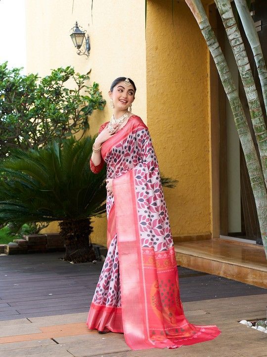 Light Pink Crepe Digital Print Saree With Tassels on Pallu and Stitched Pink Blouse