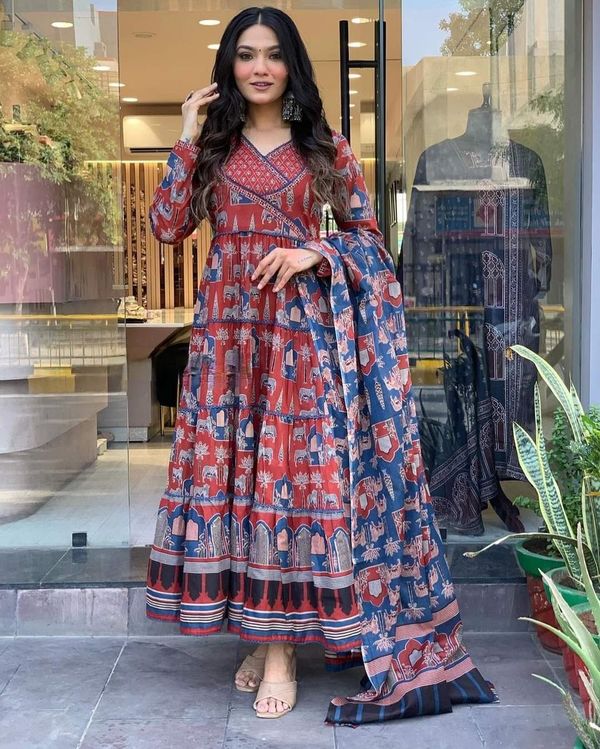 Red Cotton A-Line Kurta, Anarkali Kurta