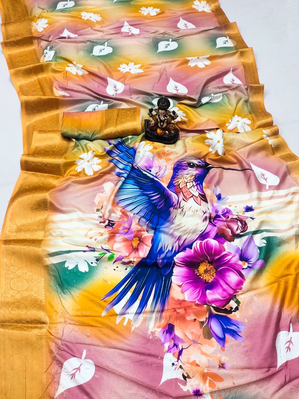 Yellow Wevon Designer & Flower Digital Printed Dola Silk Saree