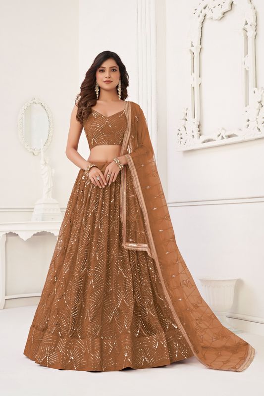 Brown Color Glamorous Heavy Embroidery Work Wedding Reception Wear Bridesmaid Lehenga