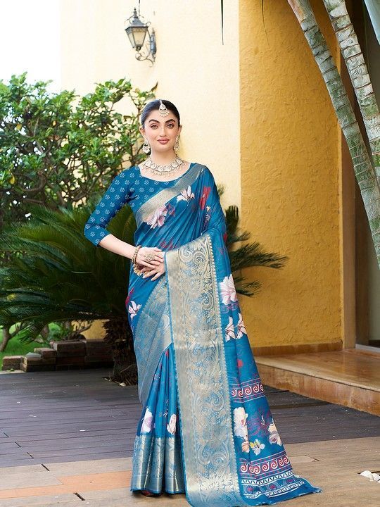 Blue Crepe Printed Saree and Stitched Blue Blouse