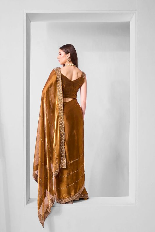 Brown Color Jimmy Choo Fabric Designer Embroidery Work Ceremonial Partywear Saree