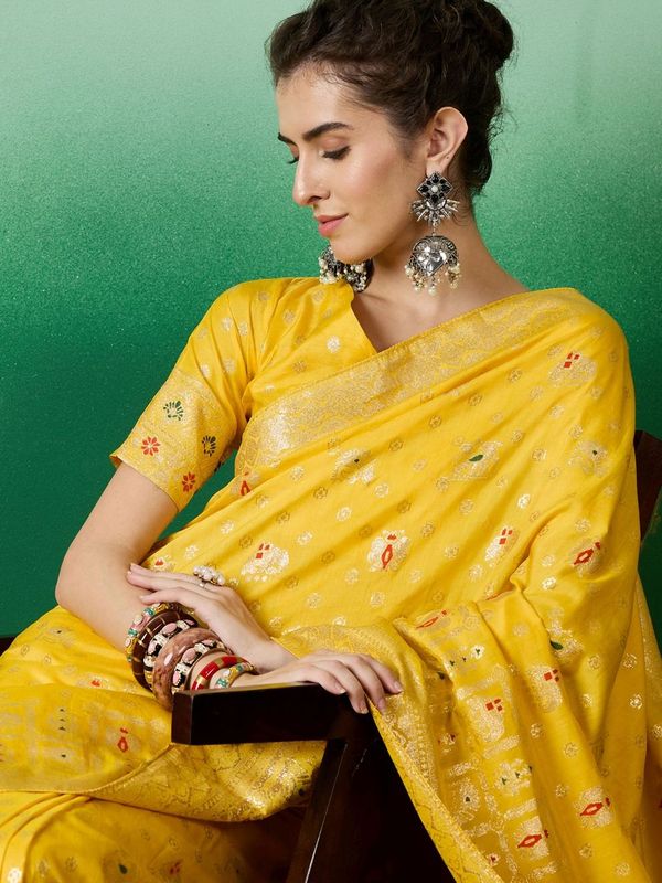 Yellow Wevon Jacquard Designer Staple Dola Cotton Saree