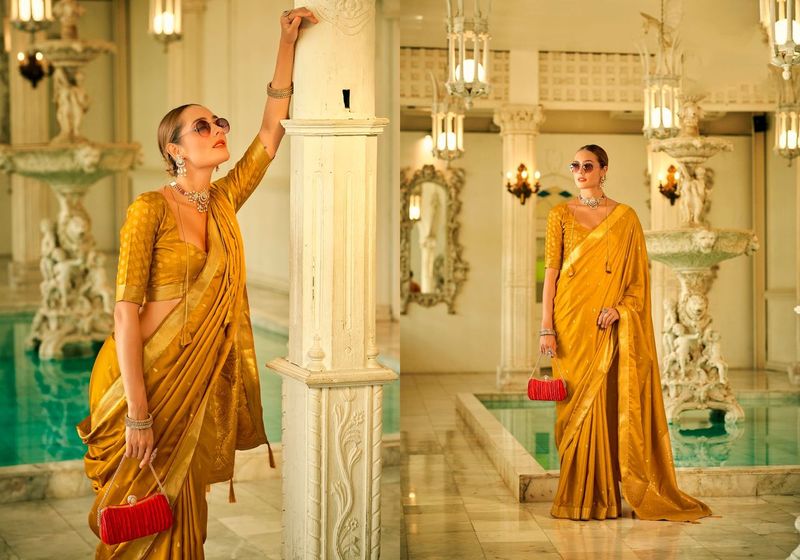 Golden Yellow Weaving Jari Designer Satin Silk Saree