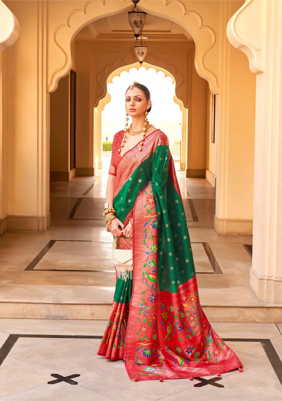 Green & Red Wevon Designer & Printed P V Silk Saree