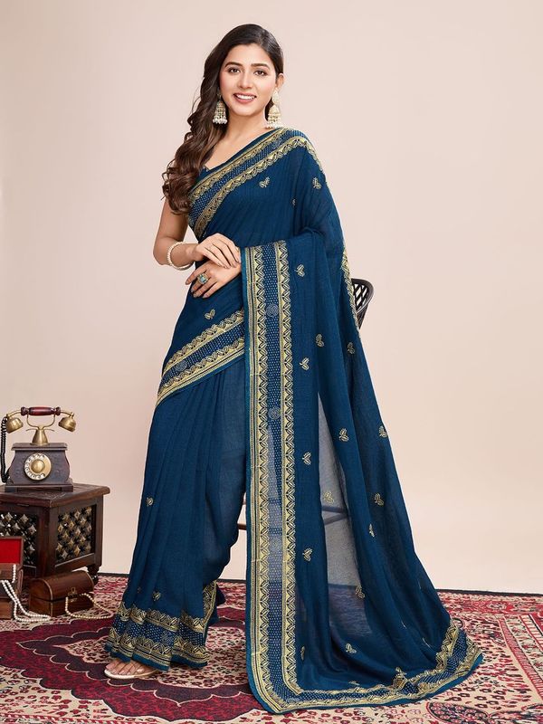 Teal Blue Designer Embroidery Work Vichitra Silk Saree
