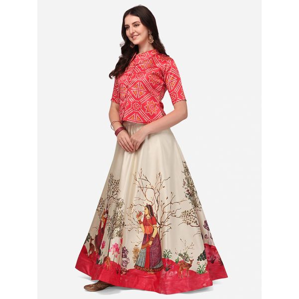 Digital Print Satin Silk Fabric Stitched Lehenga Choli With Jequared Blouse and Assami Silk Thread Work Dupatta For Women and Girls In Festive Party And Traditional Wear